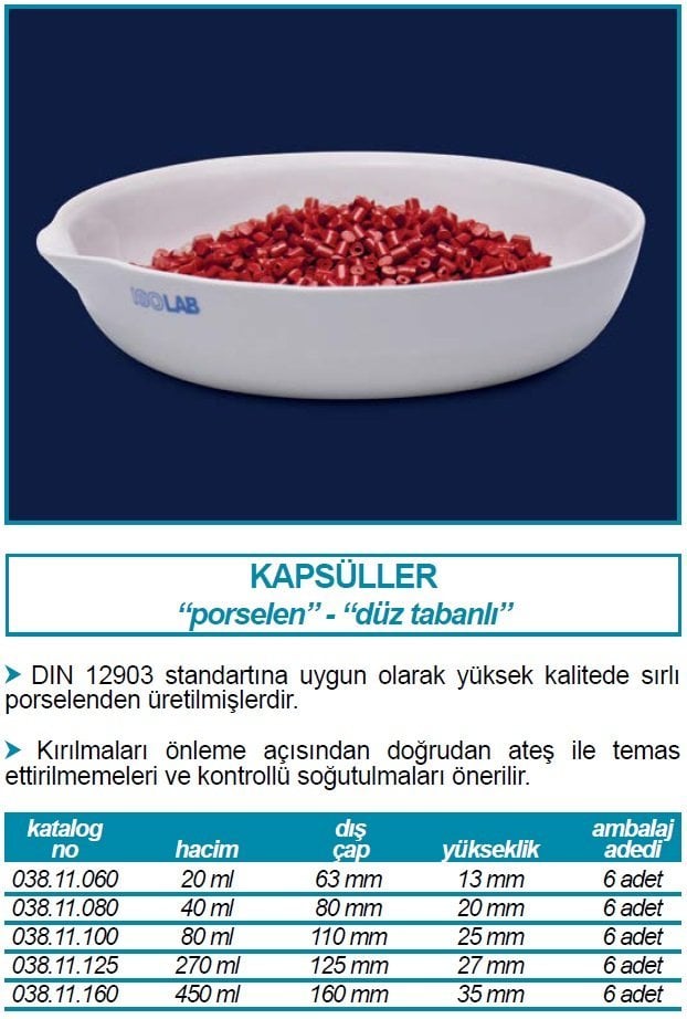 İSOLAB 038.11.060 kapsül porselen dibi düz